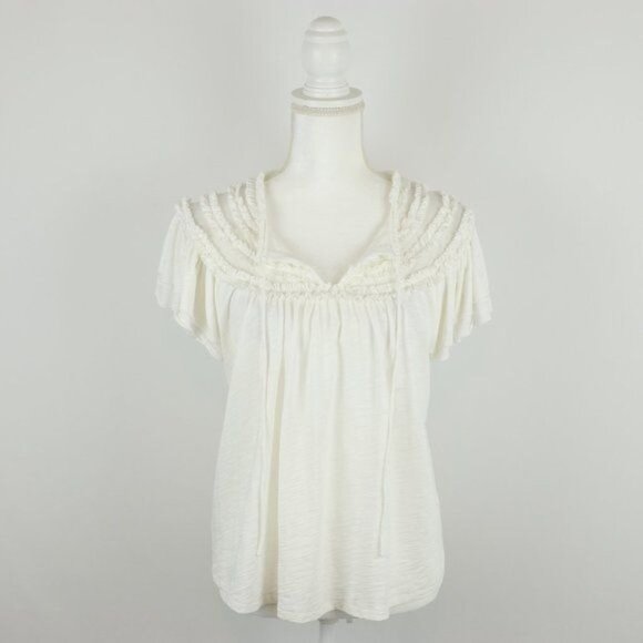 Goldie Women's Medium White Pima Cotton Split Neck Ruffled Short Sleeve Blouse - Picture 1 of 8
